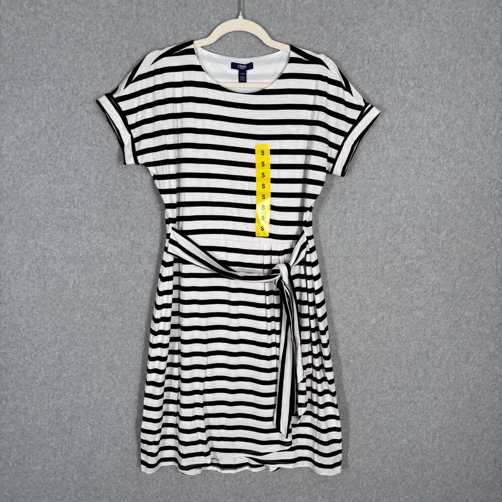 NEW Chaps Dress Small Black White Striped Wrap Tie Wrap Comfort Preppy Nautical